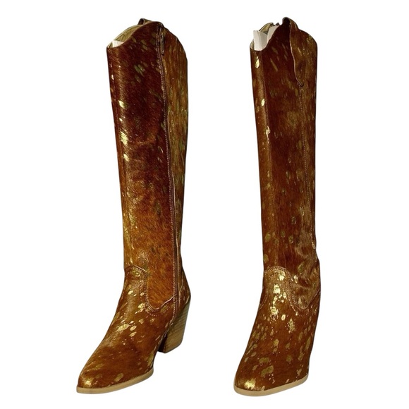 NEW Diba True Cowhide Leather Gold Foil Metallic Print Size 6 Southwestern Boots - Picture 6 of 11